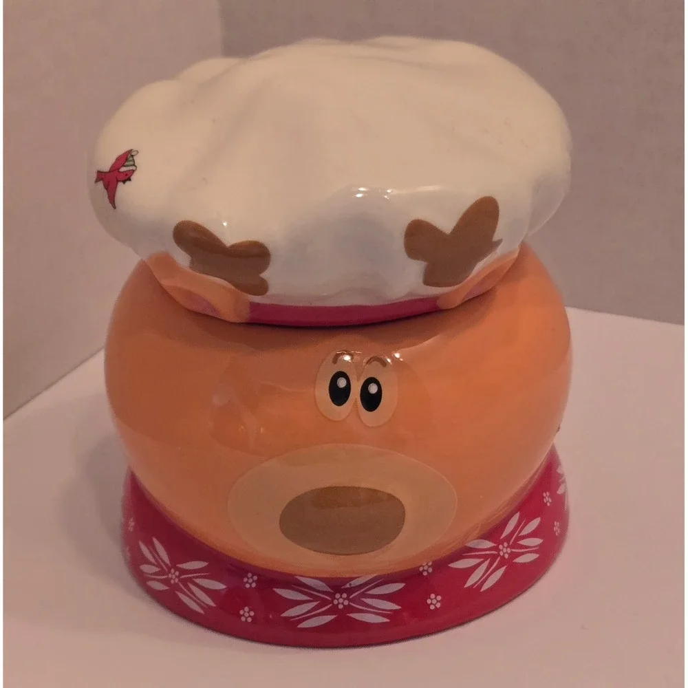 Temptations by Tara Seasonal 8 OZ Ceramic Jar Chef Reindeer Orange Red White